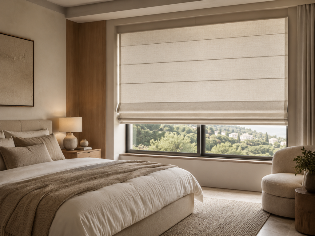 Persiana romana com textura e volume suave para quartos e salas — Rioma Decor
