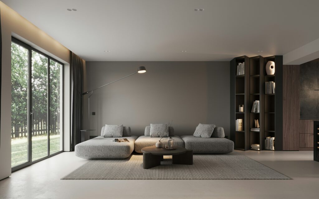 Sala de estar com cortinas de linho sob medida — Rioma Decor, Florianópolis